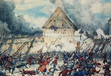 Battaglia con gli interventisti polacchi alla Porta Vladimir di Kitai-Gorod (Chinatown) a Mosca, 1612, acquerello di G. Lissner